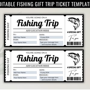 Plantilla editable de boleto de regalo para viaje de pesca, regalo de cumpleaños, boleto imprimible, cupón para viaje de pesca, plantilla de boleto, descarga instantánea