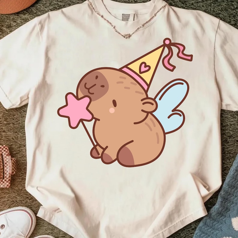 May include: Cream-colored t-shirt featuring a cartoon capybara with a party hat, wings, and a star-shaped wand. The capybara is brown with pink accents. The party hat is yellow with a pink trim and a heart. The wings are light blue.