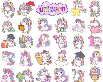 Paquete de imágenes prediseñadas de unicornios kawaii: diseños PNG de unicornios arcoíris (uso comercial, descarga digital)