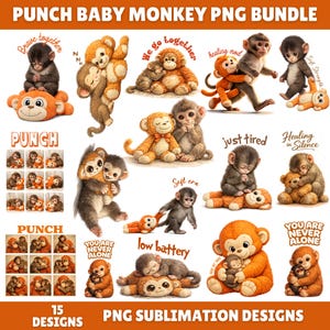Paquete PNG de mono bebé Punch, mono de peluche emocional PNG, inspirado en Punch, mono bebé solitario PNG, descarga digital instantánea