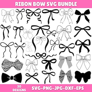 May include: A collection of 30 ribbon bow designs in black and white, including various styles such as classic, striped, and outlined bows. The text "RIBON BOW SVG BUNDLE" is at the top, and "30 DESIGNS SVG-PNG-JPG-DXF-EPS" is at the bottom.