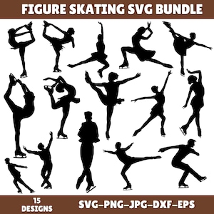 Op de afbeelding: Een verzameling van 15 zwarte silhouetontwerpen van kunstschaatsers in verschillende poses. De tekst "FIGURE SKATING SVG BUNDLE" staat bovenaan, met "15 DESIGNS" en "SVG-PNG-JPG-DXF-EPS" onderaan.