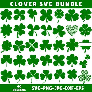 Puede incluir: Una colección de 40 diseños de tréboles verdes en varios estilos, incluyendo tréboles de tres hojas, tréboles de cuatro hojas y un trébol en forma de corazón. Se muestra el texto "CLOVER SVG BUNDLE" y "40 DESIGNS SVG-PNG-JPG-DXF-EPS".