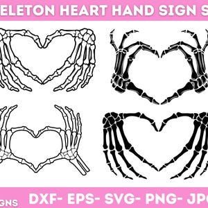 May include: Four black and white skeleton hand designs forming a heart shape. The designs are perfect for crafting projects, such as creating iron-on transfers, vinyl decals, or stencils.