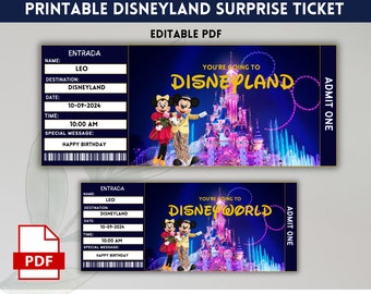 Plantilla imprimible de boleto de viaje sorpresa de Disneyland, vale de regalo de revelación sorpresa, boleto de viaje de vacaciones, Canva editable, descarga instantánea