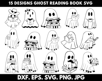 Puede incluir: Quince ilustraciones en blanco y negro de fantasmas leyendo libros. Los fantasmas están en varias poses, algunos sosteniendo libros, otros con pilas de libros y otros con una taza de café. El texto "15 DESIGNS GHOST READING BOOK SVG" está en la parte superior de la imagen. El texto "DXF. EPS. SVG. PNG. JPG" está en la parte inferior de la imagen.