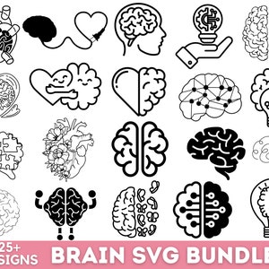 May include: A set of 25+ black and white brain-themed SVG designs. The designs include a brain with a heart, a brain with a lightbulb, a brain with a puzzle, and a brain with a flower.