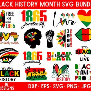 May include: A set of 18 digital design files for Black History Month. The designs feature various graphics, including a sunflower, a heart, a fist, an eye, and text. The text includes phrases like "Black History", "Juneteenth", "Black Queen", and "Black and Proud".