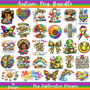 Puede incluir: Una colección de 38 diseños de sublimación PNG con el tema de la concienciación sobre el autismo. Los diseños incluyen coloridas piezas de rompecabezas, mariposas, delfines, árboles y citas inspiradoras. El texto "Autism Png Bundle" está en la parte superior.