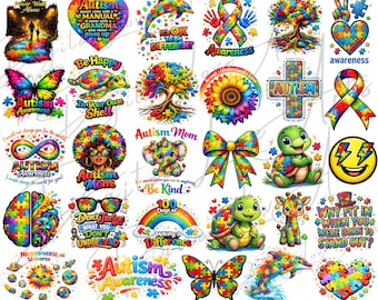 38 Autism PNG Bundle, Autism Awareness Coquette Png, Puzzle Ribbon Png, Autism Mama Png, Neurodiversity Sublimation, Digital Download