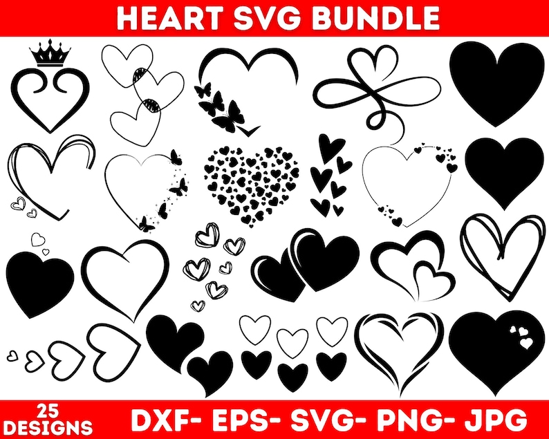 Pu&ograve; includere: Un set di 25 design di cuori SVG in bianco e nero. I design includono varie forme di cuore, tra cui cuori semplici, cuori con volute e cuori con piccoli cuori all'interno. Il testo "HEART SVG BUNDLE" e "25 DESIGNS" sono in alto e in basso nell'immagine, rispettivamente. Il testo "DXF-EPS-SVG-PNG-JPG" &egrave; in basso nell'immagine.