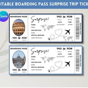 Modèle de billet carte d'embarquement modifiable, billet d'avion imprimable, carte d'embarquement surprise, téléchargement numérique, cadeau d'anniversaire, billet de voyage surprise