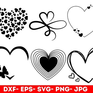 Pu&ograve; includere: Un set di 7 elementi di design a forma di cuore in bianco e nero. I design includono un cuore pieno di cuori pi&ugrave; piccoli, un cuore con un design a spirale, un cuore con un design a linea, un cuore con un design a spirale, un cuore con un design a linea, un cuore con un design a spirale e un cuore con un design a linea.