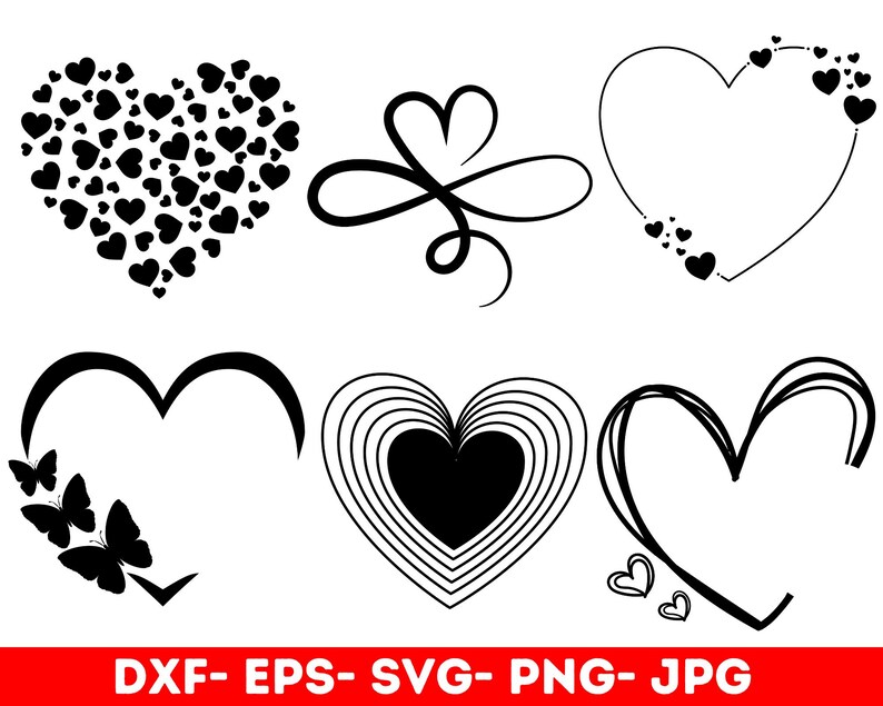 Pu&ograve; includere: Un set di 7 elementi di design a forma di cuore in bianco e nero. I design includono un cuore pieno di cuori pi&ugrave; piccoli, un cuore con un design a spirale, un cuore con un design a linea, un cuore con un design a spirale, un cuore con un design a linea, un cuore con un design a spirale e un cuore con un design a linea.