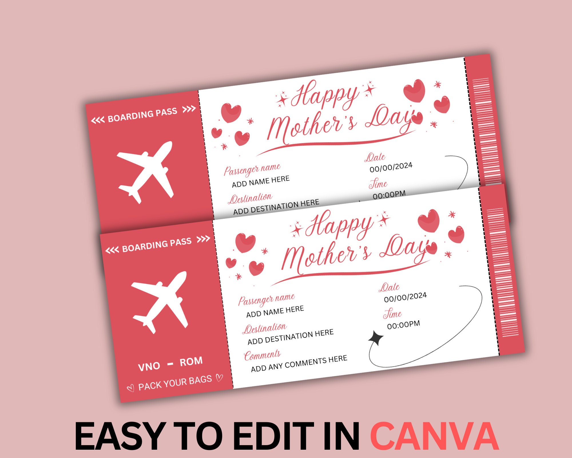 Editable Mothers Day Boarding Pass Ticket Template, Mothers Day Gift ...
