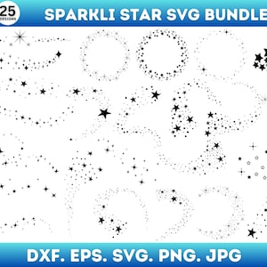 May include: A set of 25 black and white SVG designs featuring sparkling stars in various shapes and sizes. The designs include stars in a circle, stars in a line, and stars in a swirl.