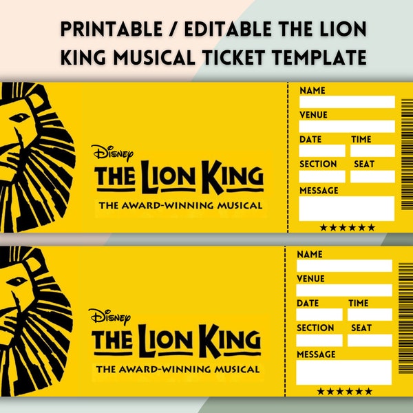 The Lion King Broadway Surprise Ticket Template, Musical Theatre Ticket,Faux Event Admission Souvenir Keepsake, Concert Ticket, Editable Pdf