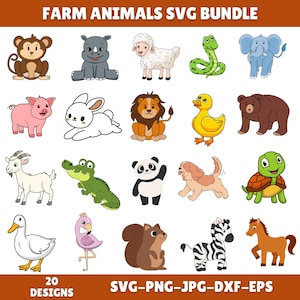 20 Cute Farm Animals Svg Bundle, Farm Animals Clipart, Farm Cow Horse Donkey Pig Sheep And Barn Svg Png, Instant Download, Silhouette
