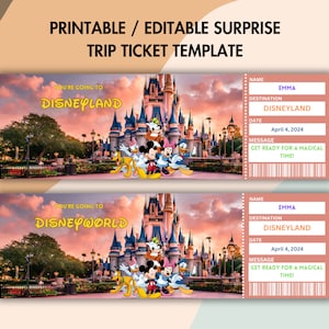 Modèle imprimable de billet de voyage surprise Disneyland, bon cadeau révélation surprise, billet de voyage de vacances, toile modifiable, téléchargement immédiat