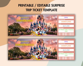 Plantilla imprimible de boleto de viaje sorpresa a Disneyland, cupón de regalo sorpresa, boleto de viaje de vacaciones, editable en Canva, descarga instantánea