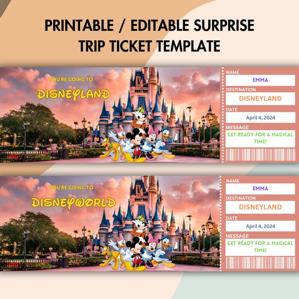 Printable Disneyland Surprise Trip Ticket Template, Surprise Reveal Gift Voucher, Vacation Trip Ticket, Canva Editable, Instant Download