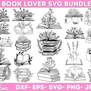 Könnte beinhalten: Ein Set mit 35 Schwarzweiß-Buchliebhaber-SVG-Designs mit Büchern, Blumen und anderen dekorativen Elementen. Die Designs sind perfekt zum Erstellen von Bastelarbeiten, Karten und anderen Projekten.