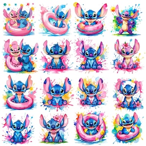 20 nieuwe clipartset Stitch Splash en aquarel, schattige steek png, hoge resolutie, transparante achtergrond, sublimatieontwerpen