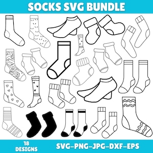 Pode incluir: Desenhos a preto e branco de vários modelos de meias. A imagem inclui meias compridas, meias de tornozelo e meias invisíveis, com padrões como corações e riscas. O texto "SOCKS SVG BUNDLE" está no topo. A imagem também inclui o texto "18 DESIGNS" e "SVG-PNG-JPG-DXF-EPS".