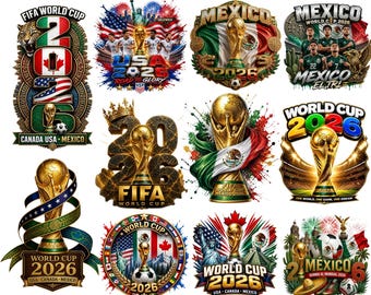 May include: A digital collection of eleven graphic designs featuring the FIFA World Cup 2026 theme. The images include the golden trophy, soccer balls, national flags of Mexico, USA, and Canada, and text elements like Mexico World Cup 2026.