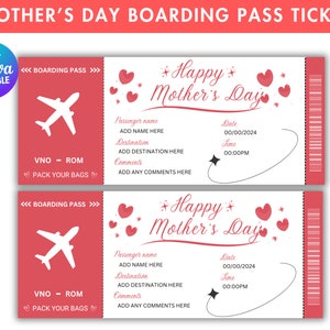 Bearbeitbare Muttertag Bordkarte Ticketvorlage, Muttertagsgeschenk, Überraschungsreiseticket, druckbares Ereignisticket, Sofort-Download