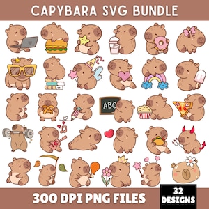 May include: A set of 32 capybara designs in PNG format, each in a different pose. The capybaras are shown with various items, including a laptop, burger, and star. The image features the text "CAPYBARA SVG BUNDLE" and "300 DPI PNG FILES".