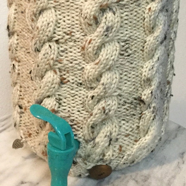 Cable Knitted One Gallon Kombucha Tea Jar Sweater Cozy in Brown and Green Tweed