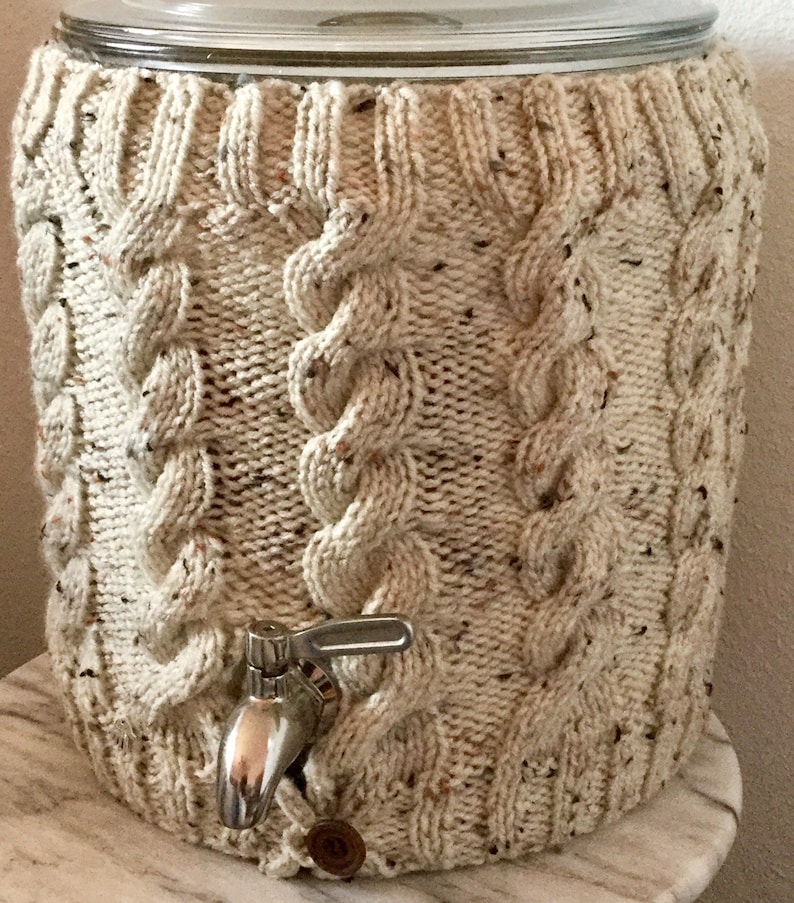 Knitted Two Gallon Kombucha Tea Jar Ecru Fleck Cable Sweater Cozy