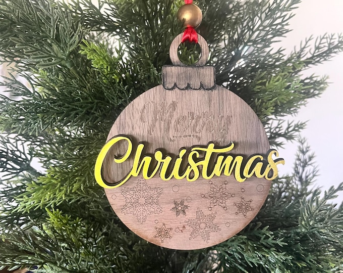 Gift Card Holder Merry Christmas Ornament in walnut and birch wood