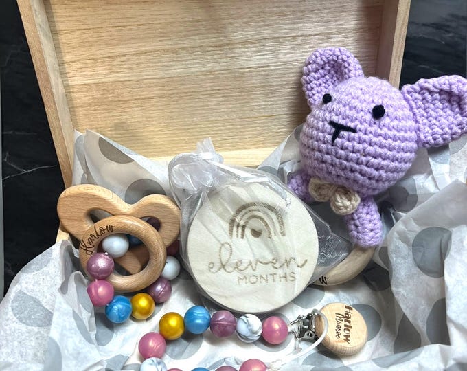 Baby Gift Set, personalized pacifier clip, rattle, brush, spoon set, blue, baby shower gift, newborn, mom to be, Christmas, announcement