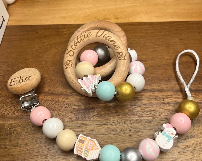 Pacifier clip and rattle personalized, Pastel pink Christmas, boho, modern Christmas, baby gift, baby shower
