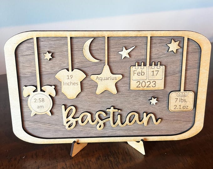 Baby Birth Announcement and memory frame in walnut and birch wood engraved