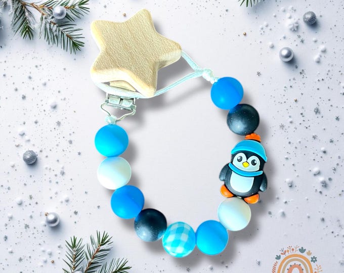 Personalized Pacifier Clip and Rattle, Winter Ice silicone beads, Christmas