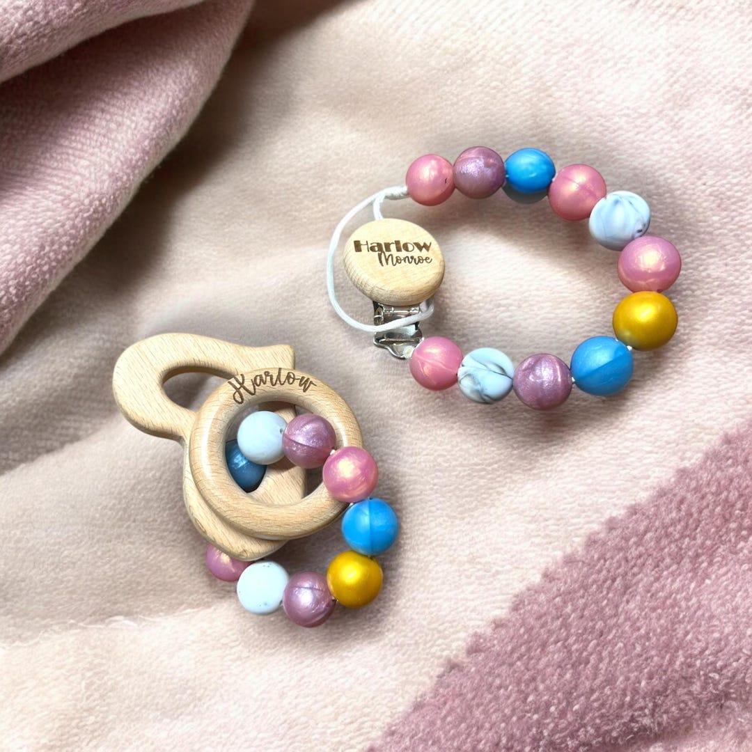 Personalized Baby Rattle and Pacifier Clip Set: Swirl Marble Silicone ...
