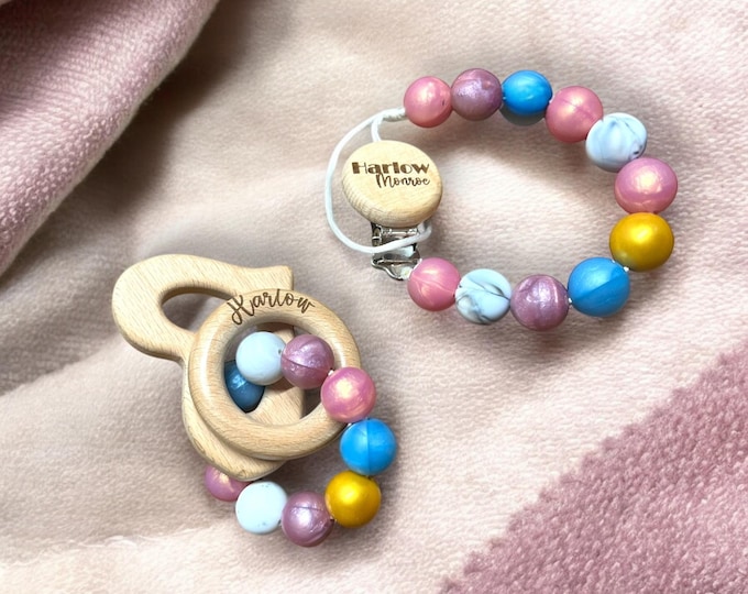 Personalized pacifier clip and rattle set in pink swirl marble, baby shower gift, baby girl, boy, Easter gift, lilac, blue, gold, rose gold