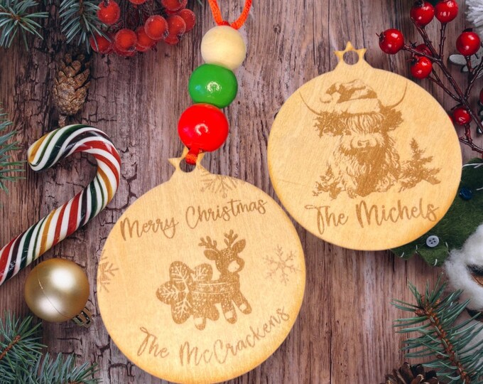 Highland Cow Family Ornament, personalized with name, Reindeer Or Highland Cow design, laser engraved pine wood