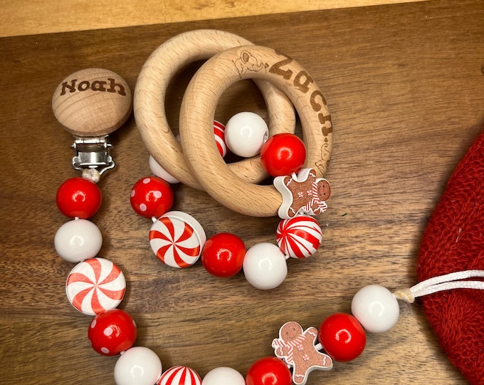 Pacifier clip and rattle personalized, candy cane