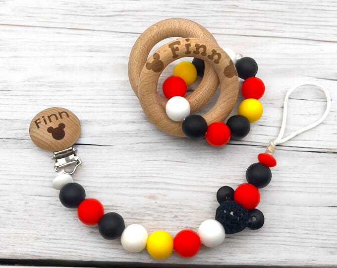 Personalized mouse pacifier clip and rattle, baby shower gift, baby girl, boy, Valentine’s Day, mom to be, Mickey, Minnie