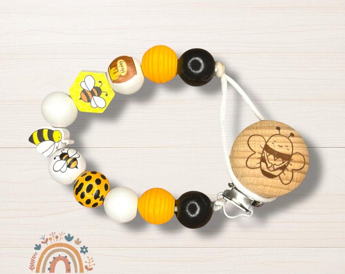 Personalized Honey Bee Pacifier clip and Rattle with wood beads, baby shower gift,