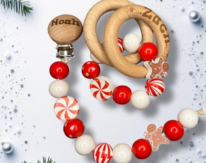 Pacifier clip and rattle personalized, candy cane