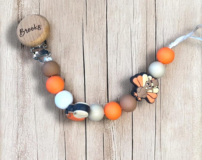 Fall Thanksgiving personalized pacifier clip and rattle for baby and toddler