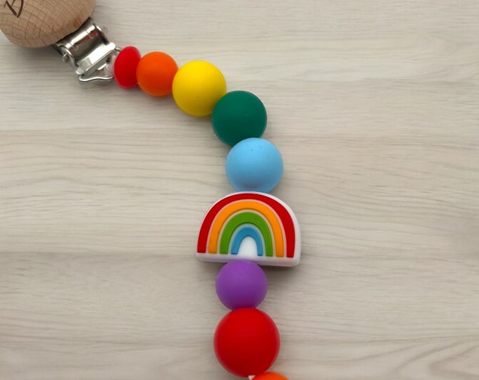 Personalized Rainbow Pacifier Clip, Silicone Bead Baby Shower Gift