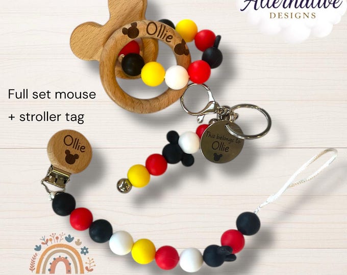 Personalized mouse pacifier clip and rattle with matching stroller tag in Mickey, Minnie design
