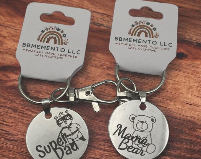 Super Dad, Mama Bear Key Chain, Gift for Moms, Christmas, Mother's Day Gift, Personalized, Kids, Baby, Purse Hanger, Stocking Stuffer