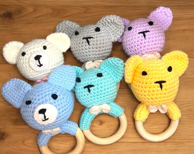 Personalized Teddy Bear Rattle: Engraved Wooden Baby Toy